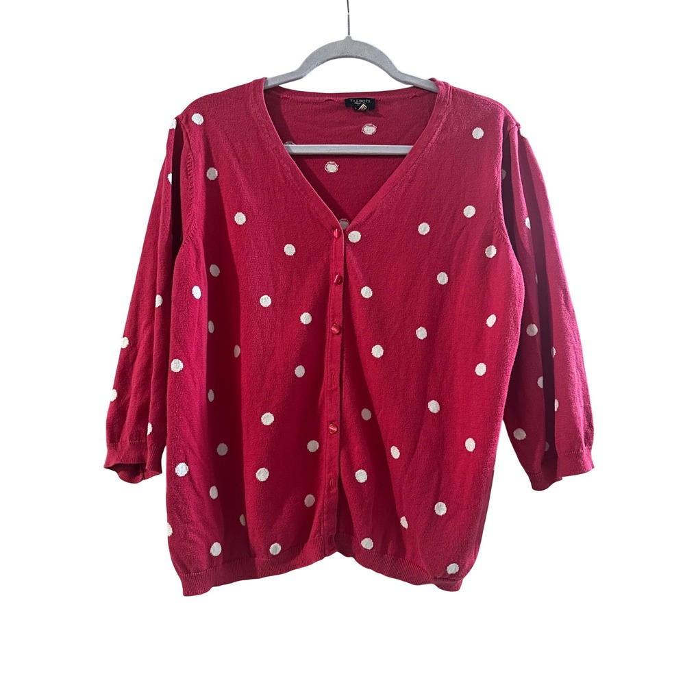 Talbots Hot Pink Polka Dot 3/4‎ Sleeve Silk Blend Cardigan Sweater Women's 1X